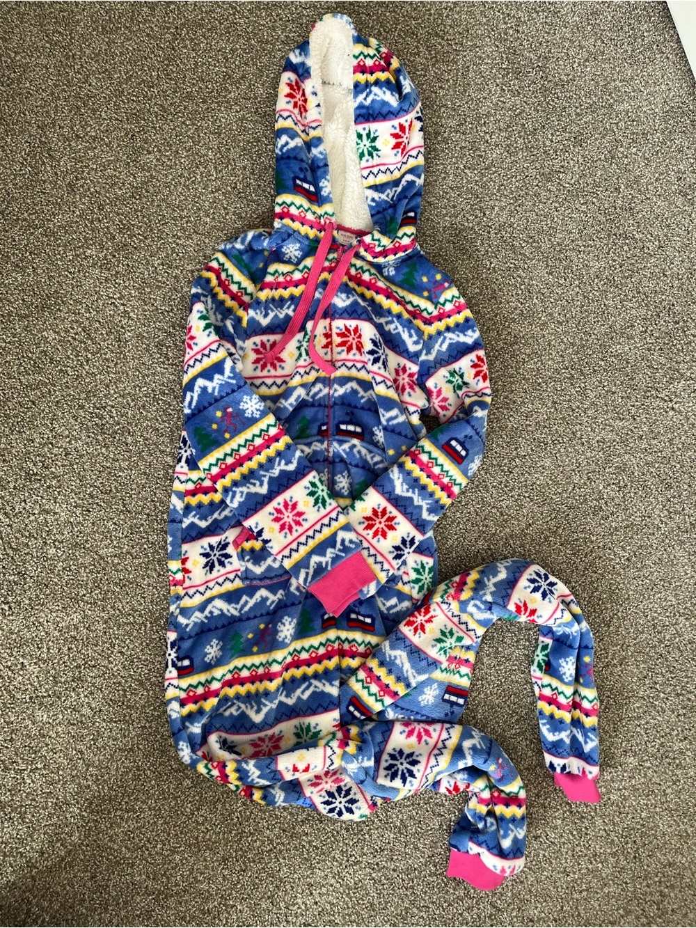 Adult Womenโs Multi-Color Hooded Fleece Pajama Christmas Onesie